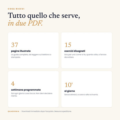 Cosa ricevi: 37 pagine illustrate, 15 esercizi disegnati, 4 settimane programmate, 10 minuti al giorno